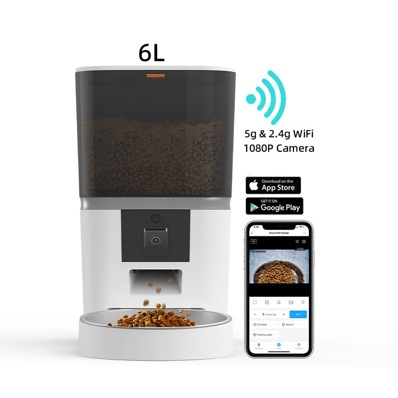 Smart pet feeder with 6L capacity, Wi-Fi connectivity, and smartphone app interface on a white background.